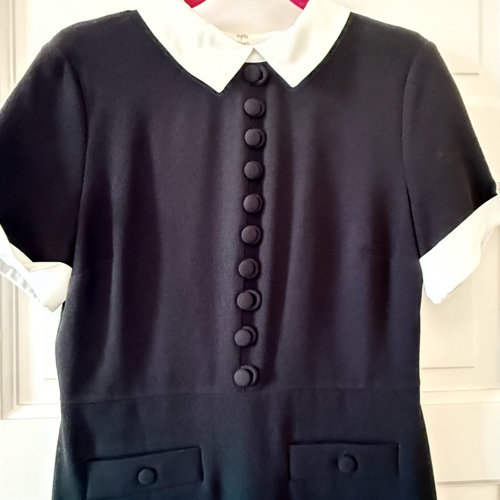 Women’s Black Dress with White Collar and Cuffed Sleeves